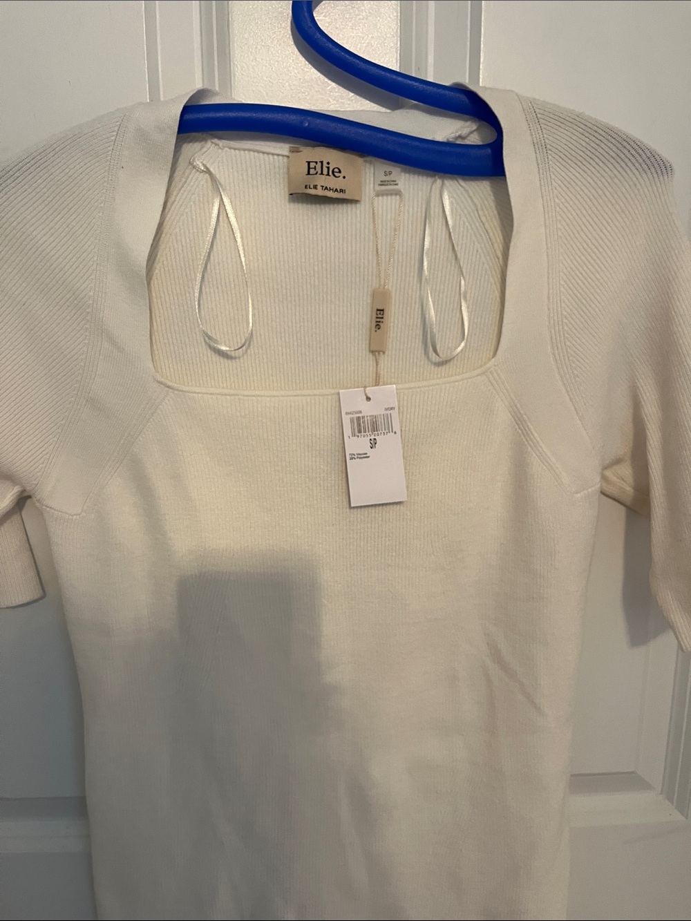 NWT! Elie Tahari Ribbed Square Neckline Cream Short Sleeve Top